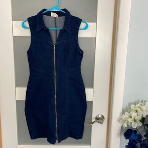 VTG Y2k Stretch Denim Mini Dress Sz Medium Full Zip Dark Wash Retro Vintage 90s